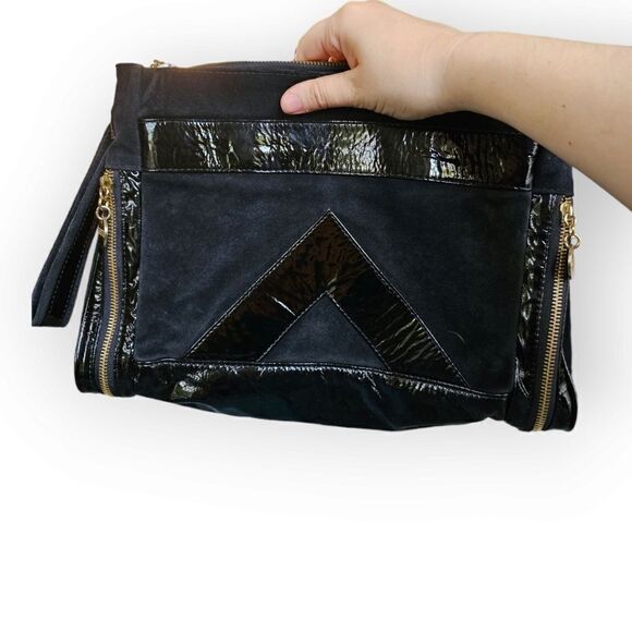 Gustto Black Patent Leather and Suede Large Wristlet Lapol Clutch - Picture 8 of 16